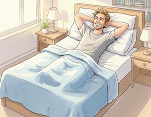 Man lying in bed cartoon